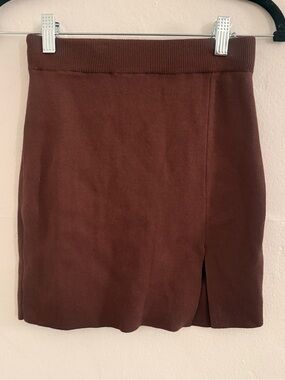Lioness Chocolate Brown Knit Mini Skirt with Front Slit